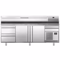 Stół chłodniczy do pizzy Premium PLUS - 3305x800mm - z 3 drzwiami & 3 szufladami - włącznie z witryną chłodniczą nadstawną - 10x GN 1/3