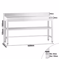 Mesa de trabalho em aço inoxidável PREMIUM - Profissional - 1600x700mm - com prateleira inferior & com painel traseiro & com travessas de reforço