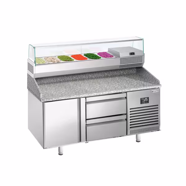 Profesionāls Picas galds PREMIUM PLUS - 1490x700 mm - ar 1 durvīm un 2 atvilktnēm - ar granīta darba virsmu - ar augšējo aukstuma vitrīnu - 6x GN 1/4