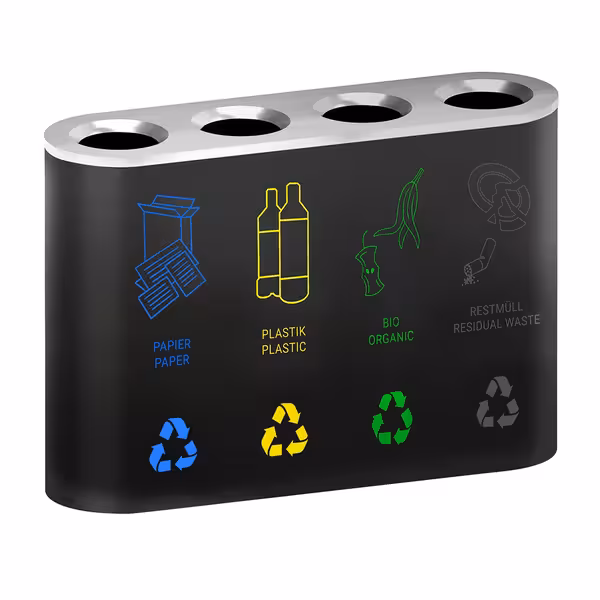 Pattumiera per raccolta differenziata - 4 scomparti da 35 litri ciascuno - 1080x300x800mm - Nero - Acciaio verniciato
