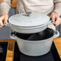 (2 pieces) STAUB | Stackable Cast Iron Cocotte & Pan Set – Ø 24 cm - White Truffle - Enamelled