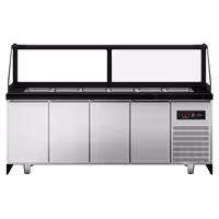 Saladette refrigerata professionale TORONTO - 2550mm - rivestimento frontale in legno - 4 porte - con vetrina in vetro dritto per 6x GN 1/1, 1 ripiano - piano di lavoro in granito