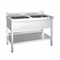 Stół zlewozmywakowy PREMIUM – stal nierdzewna – 1200 x 600 mm – z półką dolną – ze zlewem 2-komorowym pośrodku – z rantem