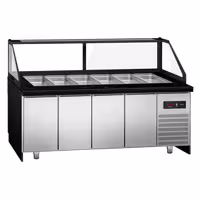 Saladette refrigerata professionale TORONTO - 2550mm - rivestimento frontale in legno - 4 porte - con vetrina in vetro dritto per 6x GN 1/1, 1 ripiano - piano di lavoro in granito