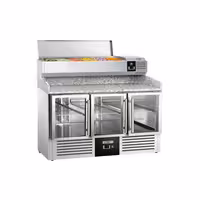 Pizzakylbänk PREMIUM - 1400x700 mm - 3 glasdörrar - inkl. kylränna - 6x GN 1/4