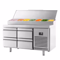 Table réfrigérée de préparation - 1468 x 700 mm - avec 4 tiroirs - avec superstructure en inox 1 x GN 1/2 et 6 x GN 1/3