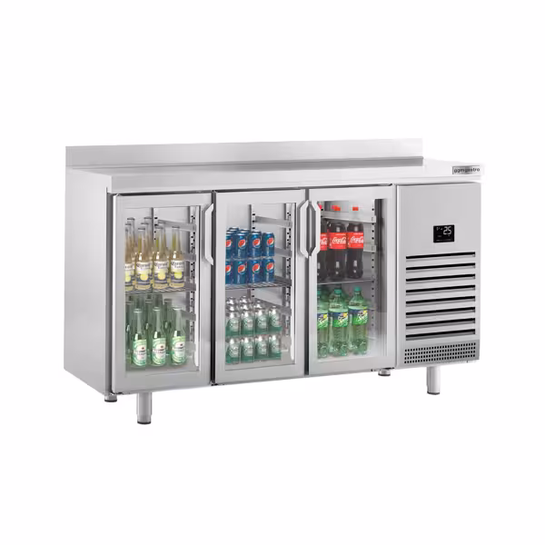 Stół chłodniczy barowy do napojów Premium PLUS – 1960 x 700 mm – z 3 drzwiami szklanymi i rantem