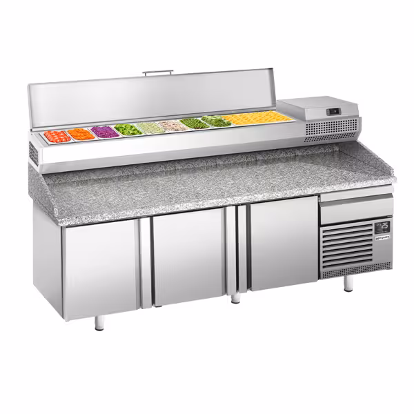 Stół chłodniczy do pizzy Premium PLUS – 2305 x 800 mm – z 3 drzwiami i 1 szufladą – wraz z witryną chłodniczą – 10 pojemników GN 1/3