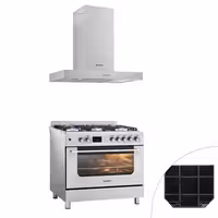 Plinovita ploča – 13,45 kW – 5 plamenika – uključujući električnu pećnicu – 3,23 kW i kuhinjsku napu s ventilatorom