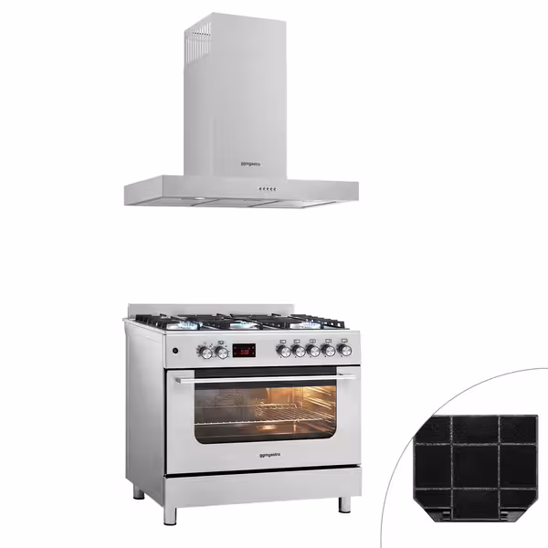Plinovita ploča – 13,45 kW – 5 plamenika – uključujući električnu pećnicu – 3,23 kW i kuhinjsku napu s ventilatorom