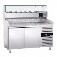 Stół chłodniczy do pizzy ECO - 1500x800mm - z blatem granitowym - 2‑drzwiowy - z nadstawką chłodniczą z osłoną szklaną z oświetleniem LED - 6x GN 1/3