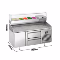 Table réfrigérée à pizza Premium PLUS - 1490x700 mm - avec 1 porte & 2 tiroirs - incl. vitrine réfrigérée - 6x GN 1/4