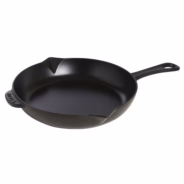 STAUB| Round Enameled Cast Iron Skillet Frying Pan with Pour Spouts – Ø 26 cm - Black