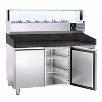 Table réfrigérée à pizza PREMIUM - 1500x800 mm - avec 2 portes - incl. vitrine réfrigérée LED - 5x GN 1/3 + 1x GN 1/2