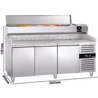 Table réfrigérée à pizza PREMIUM - 2000 x 800 mm - avec 3 portes - incl. vitrine réfrigérée - 9 x GN 1/3