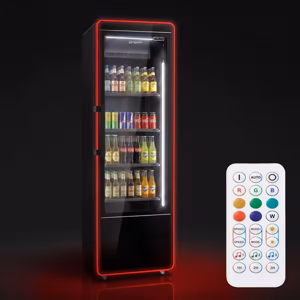 Vitrină frigorifică pentru băuturi - 670 mm - 560 litri - 1 ușă din sticlă batantă & iluminare LED colorată - control digital - temperatură +2/+8 °C - negru