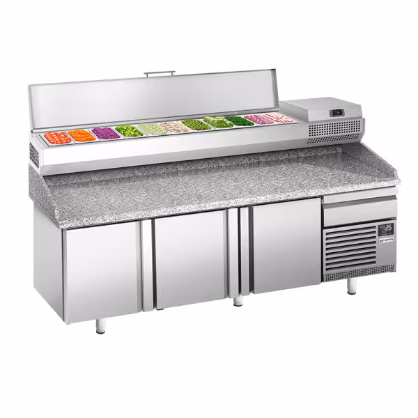 Stół chłodniczy do pizzy Premium PLUS – 2305 x 800 mm – z 3 drzwiami i 1 szufladą – wraz z witryną chłodniczą – 11 pojemników GN 1/4