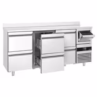 Stół chłodniczy barowy do napojów PREMIUM – 2130 x 600 mm – z 6 szufladami 1/2, rantem i odbijakiem do kawy