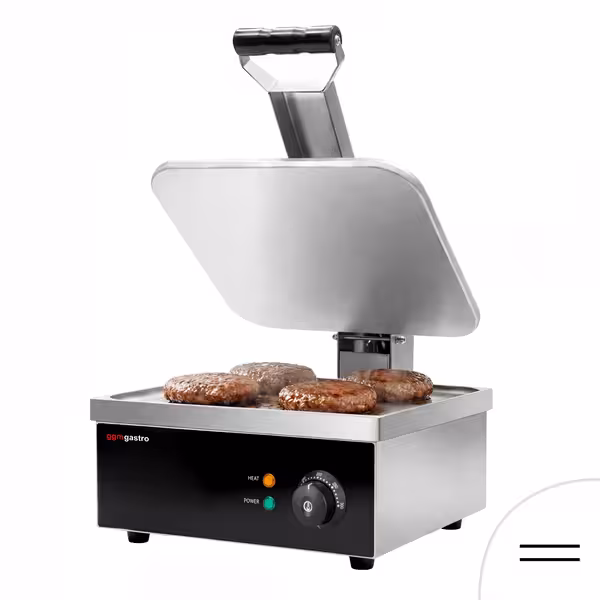 Grătar de contact / Grătar pentru hamburgeri – 2,2 kW – suprafețe netede sus și jos – Suprafață de gătit: 350x330 mm