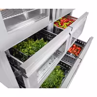 Szafa chłodnicza PREMIUM – stal nierdzewna – GN 2/1 – 1400 L – z 2 półdrzwiami szklanymi i 4 szufladami szklanymi