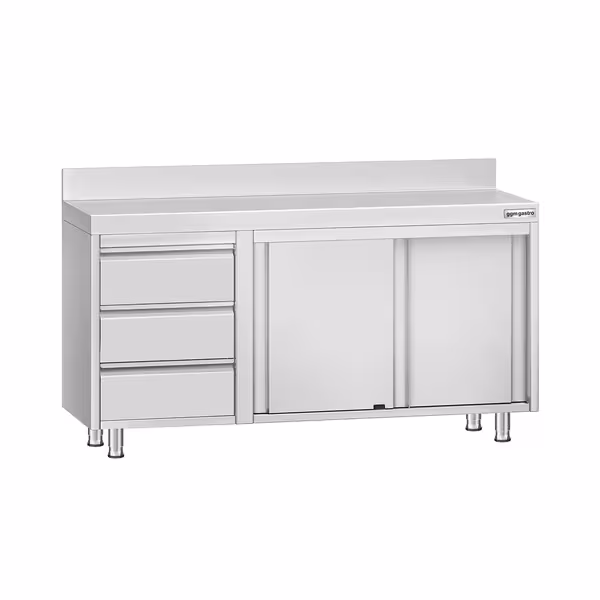 خزانة قاعدية ستانلس ستيل KOPENHAGEN ECO - 1400x600mm - وحدة أدراج 3 يسار، وأبواب منزلقة - مع حاجز خلفي