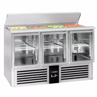 Pult za pripremu salate PREMIUM - 1368 mm - 368 l - 3 staklena vrata - s ugradnim ležištem za GN 1/1 i poklopac od nehrđajućeg čelika