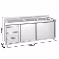 PREMIUM umivaonik – 2000 x 600 mm – s 3 ladice i 2 sudopere na desnoj strani