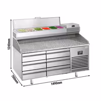 Pizzakühltisch Premium PLUS - 1490x700mm - mit 6 Schubladen - inkl. Kühlaufsatzvitrine - 6x GN 1/4