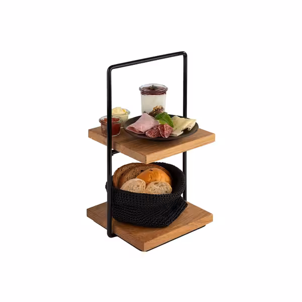 Sunum Standı PERFECTO SMALL - 2 Katlı - Köşeli - Metal Gövde - Meşe Raflı