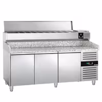 Table réfrigérée à pizza PREMIUM - 2000 x 800 mm - avec 3 portes - incl. vitrine réfrigérée - 9 x GN 1/3