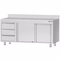خزانة قاعدية ستانلس ستيل KOPENHAGEN ECO - 1800x700mm - مع وحدة أدراج 3 يسار، وأبواب منزلقة - مع حاجز خلفي