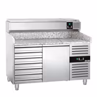 Stół chłodniczy do pizzy PREMIUM - 1500x800mm - z blatem granitowym - 1‑drzwiowy, 7 szuflad - z nadstawką chłodniczą - 6x GN 1/3