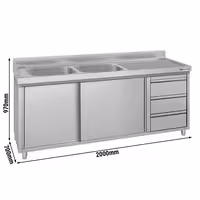 Commercial Sink Cabinet ECO - Stainless Steel – 2000 × 700 mm – with 3 Drawers & Twin Left-Hand Bowls