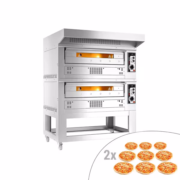 Gas Deck Pizza Oven - Twin Deck - Refractory Stone Deck - 9+9 x Ø 33cm (13") - 230V Single Phase - Mechanical Controls - up to 370°C - incl. Hood & Base frame
