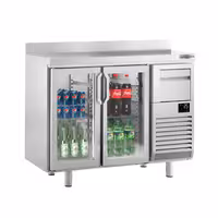 Stół chłodniczy barowy do napojów Premium PLUS – 1470 x 600 mm – z 2 drzwiami szklanymi, rantem i odbijakiem do kawy