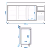 Stół chłodniczy barowy do napojów PREMIUM – 2130 x 600 mm – z 3 drzwiami, rantem i odbijakiem do kawy