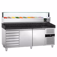 Stół chłodniczy do pizzy PREMIUM – 2000 x 800 mm – z 2 drzwiami i 7 szufladami – z witryną nadstawną chłodniczą LED na 10x GN 1/4