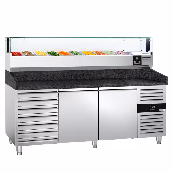 Stół chłodniczy do pizzy PREMIUM – 2000 x 800 mm – z 2 drzwiami i 7 szufladami – z witryną nadstawną chłodniczą LED na 10x GN 1/4