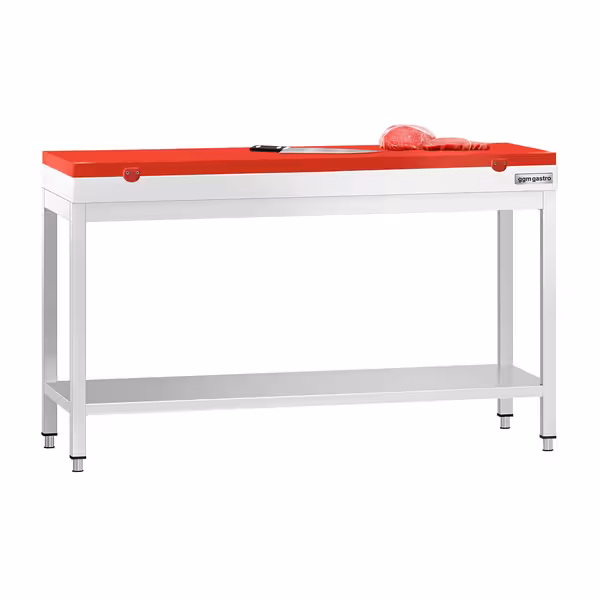 طاولة عمل ستانلس ستيل PREMIUM - 1500x600mm - مع رف سفلي - شامل لوح تقطيع أحمر