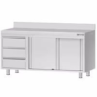 خزانة قاعدية ستانلس ستيل KOPENHAGEN ECO - 1600x600mm - أبواب منزلقة و وحدة أدراج 3 يسار - مع حاجز خلفي