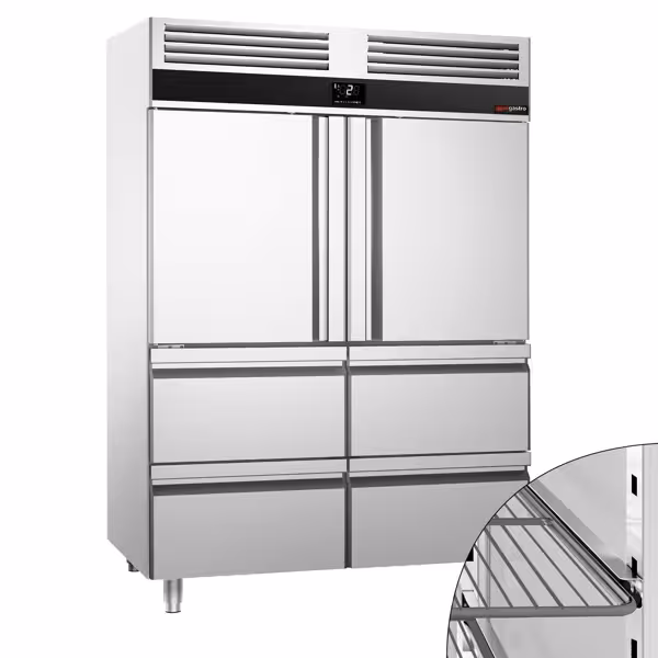 Szafa chłodnicza PREMIUM – stal nierdzewna – GN 2/1 – 1400 L – z 2 półdrzwiami i 4 szufladami