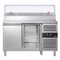 Stół przygotowawczy PREMIUM – 1360 mm – z 2 drzwiami – z nadstawką szklaną na 7x GN 1/3