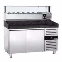Pizzakylmäpöytä PREMIUM - 1500x800 mm - 2 ovea - sis. kylmävitriini lasisuojuksella LED-valaistuksella - 7 x GN 1/4 -astiaa