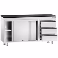 Rozsdamentes acél munkaszekrény PREMIUM – 1400x700 mm – 3 fiókkal a jobb oldalon – gránit munkalapmal