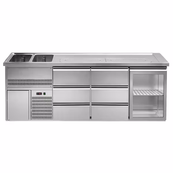 Direct Draw Beer Dispenser / Kegerator 1 Glass Door + 6 Drawers PREMIUM – 2 sinks left - 2500×700 mm - 3 drip trays