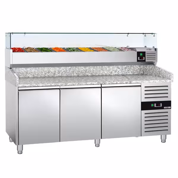 Stół chłodniczy do pizzy ECO - 2025x800mm - z blatem granitowym - 3‑drzwiowy - z nadstawką chłodniczą z osłoną szklaną - 9x GN 1/3