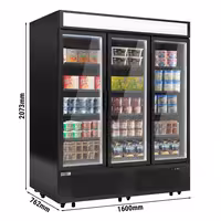 Commercial multideck display freezer - 1600mm - 891L - with 3 hinged glass doors & 15 shelves - Black