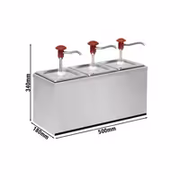 Dispenzer za umake - set s okvirom - kromirani dijelovi; postolje od plemenitog čelika - 3x 2 l - 500x180x340 mm - prikladno za GN 1/6, dubina 200 mm - einstellbarer Dosierung - s spremnikom - uklj. postolje od nehrđajućeg čelika