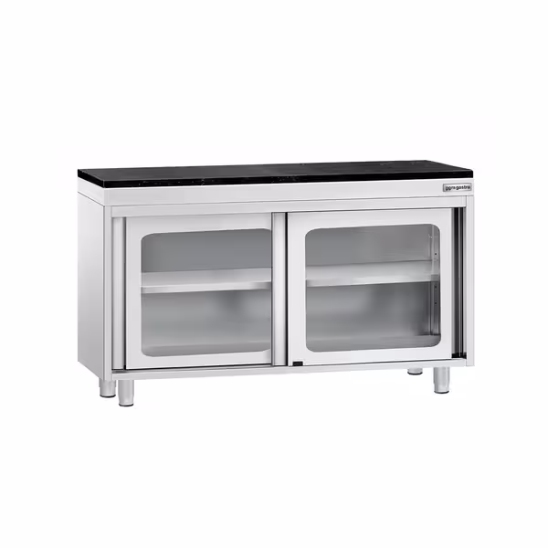 Rozsdamentes acél munkaszekrény PREMIUM – 1200x600 mm – üveges tolóajtóval – gránit munkalapmal