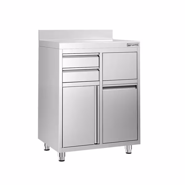 Paslanmaz Çelik Dolaplı Cafe / Bar Çalışma Tezgahı - 800x600 mm - Kahve ve Espresso Makinesi Standı - 2 Çekmeceli - 1 Menteşeli Kapılı - Şutlu Çöp Hazneli - Sırtlıklı